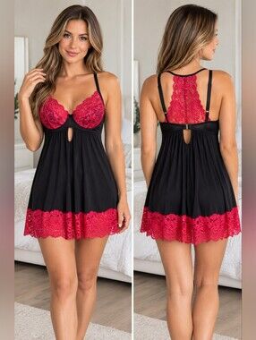 LA VIE EN ROSE -  Lace & Mesh Babydoll Nightdress in Red and Black